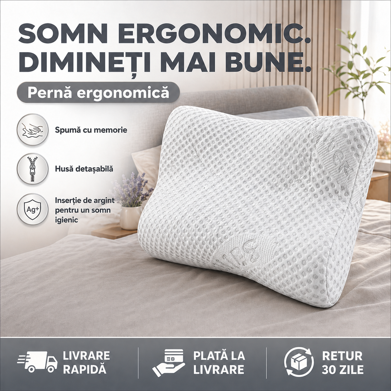 Pernă ergonomică Silver cu spumă memory și husă detașabilă, 40 x 60 cm