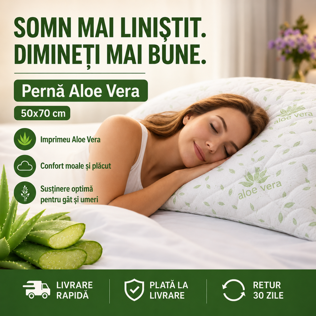 Pernă Aloe Vera premium matlasată 50x70 cm