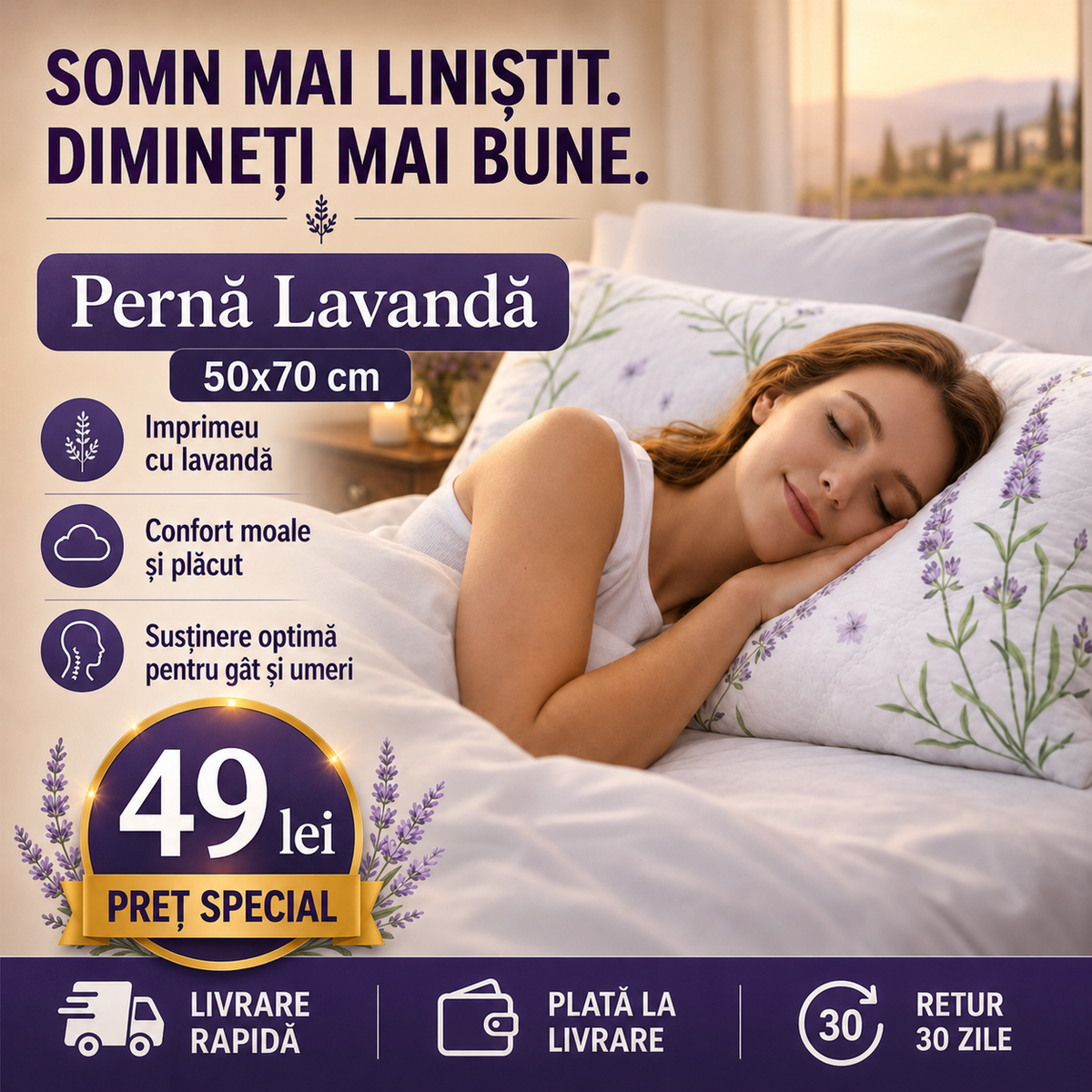 Pernă Lavandă premium matlasată 50x70 cm