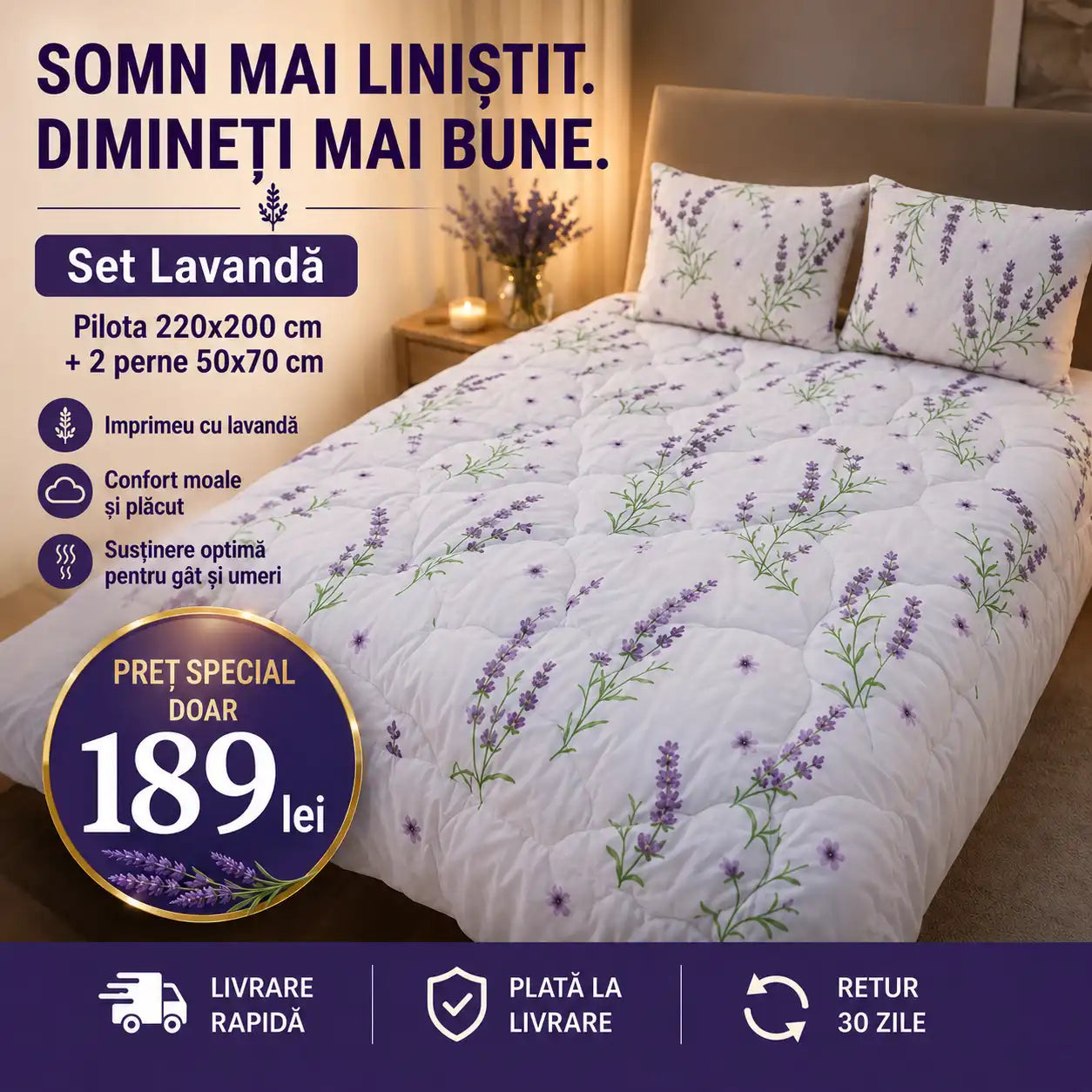 Set Pilotă Lavandă 220x200 cm + 2 Perne 50x70 cm