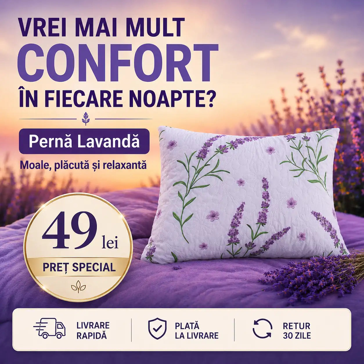Pernă Lavandă premium matlasată 50x70 cm