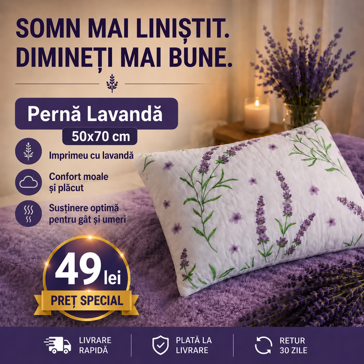 Pernă Lavandă premium matlasată 50x70 cm