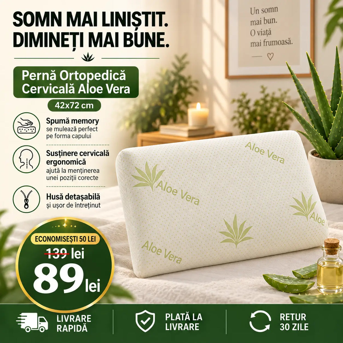 Pernă ortopedică cervicală Aloe Vera cu spumă memory