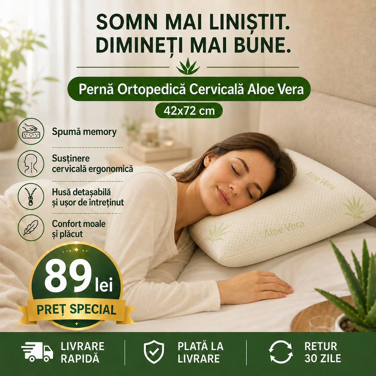 Pernă ortopedică cervicală Aloe Vera cu spumă memory