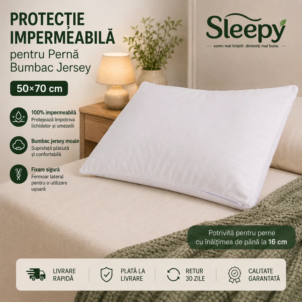 Protecție impermeabilă pernă din bumbac jersey 50×70 cm
