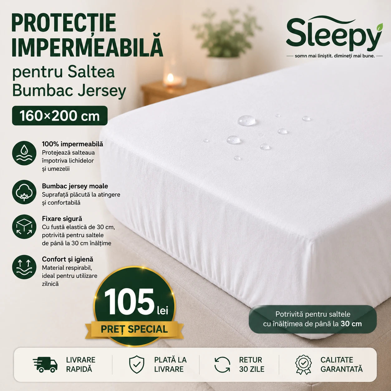 Protecție impermeabilă saltea bumbac jersey 160×200 cm