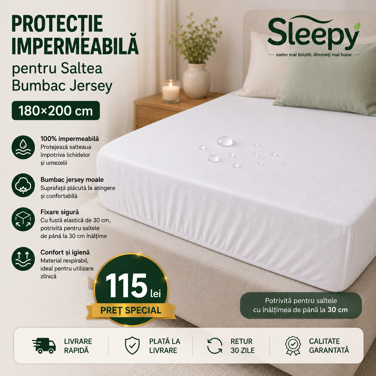 Protecție impermeabilă saltea bumbac jersey 180×200 cm
