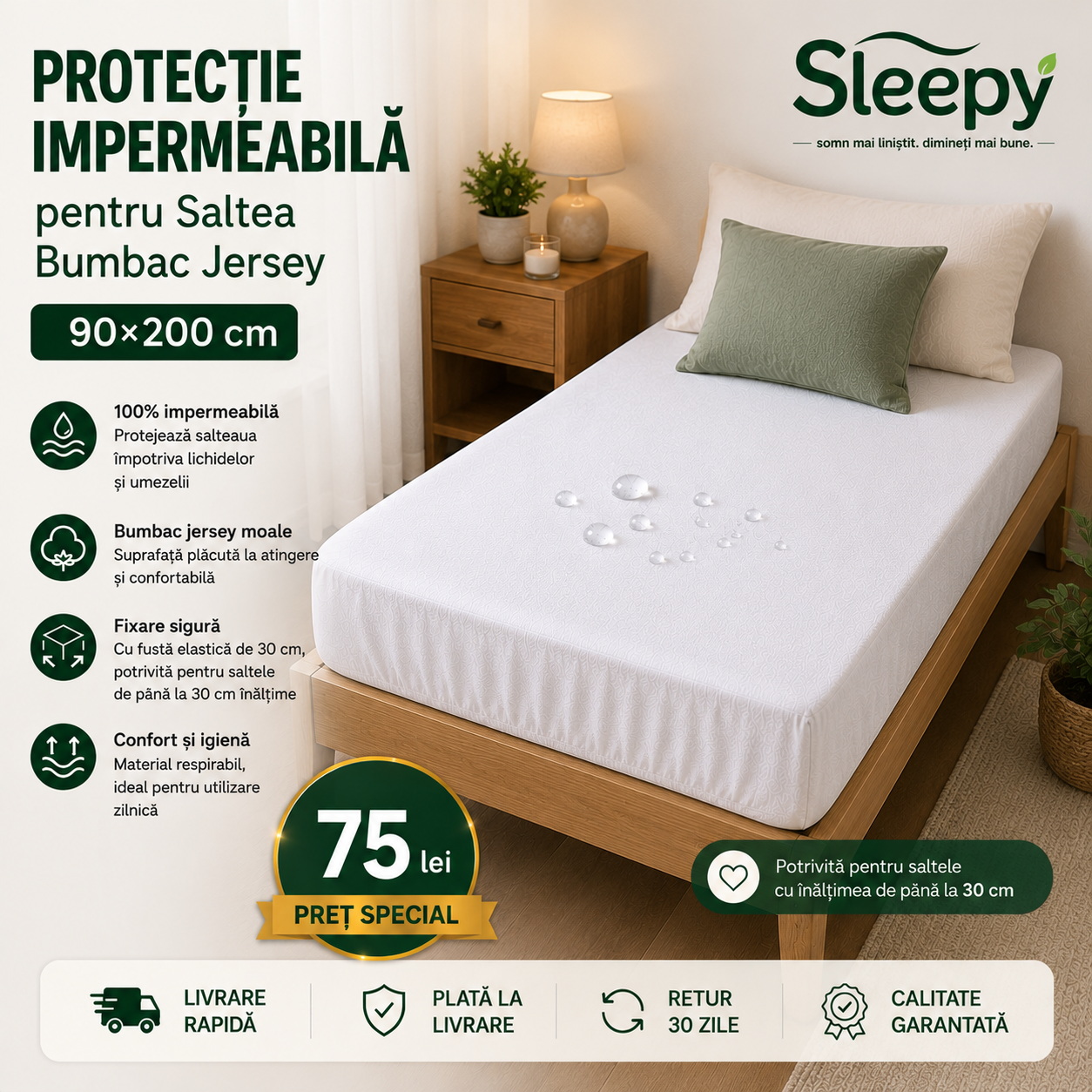 Protecție Impermeabilă Saltea 90x200 Bumbac Jersey