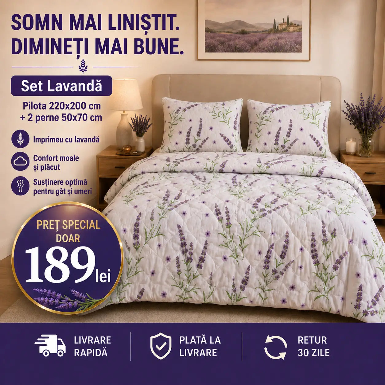 Set Pilotă Lavandă 220x200 cm + 2 Perne 50x70 cm