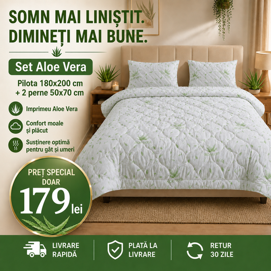 Set Pilotă Aloe Vera 180x200 cm + 2 Perne 50x70 cm