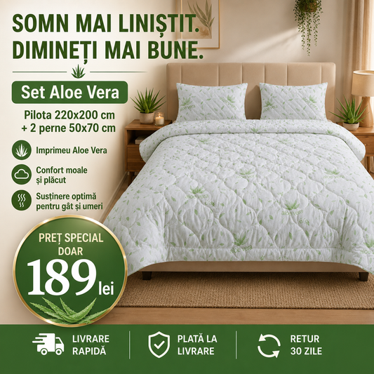 Set Pilotă Aloe Vera 220x200 cm + 2 Perne 50x70 cm