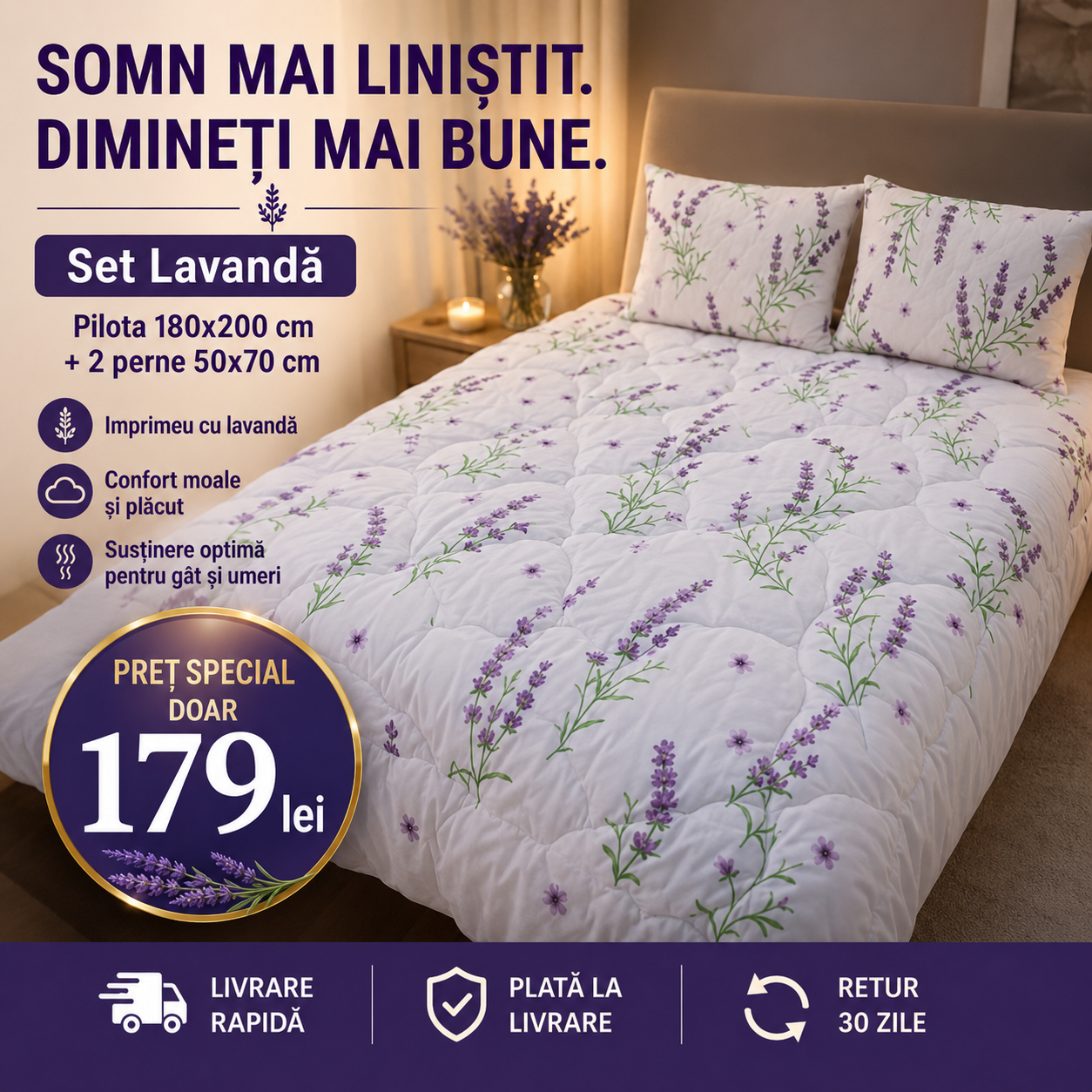 Set Pilotă Lavandă 180x200 cm + 2 Perne 50x70 cm