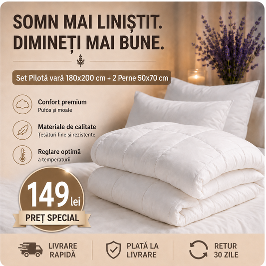 Set Pilotă matlasată albă 180x200 cm + 2 Perne 50x70 cm