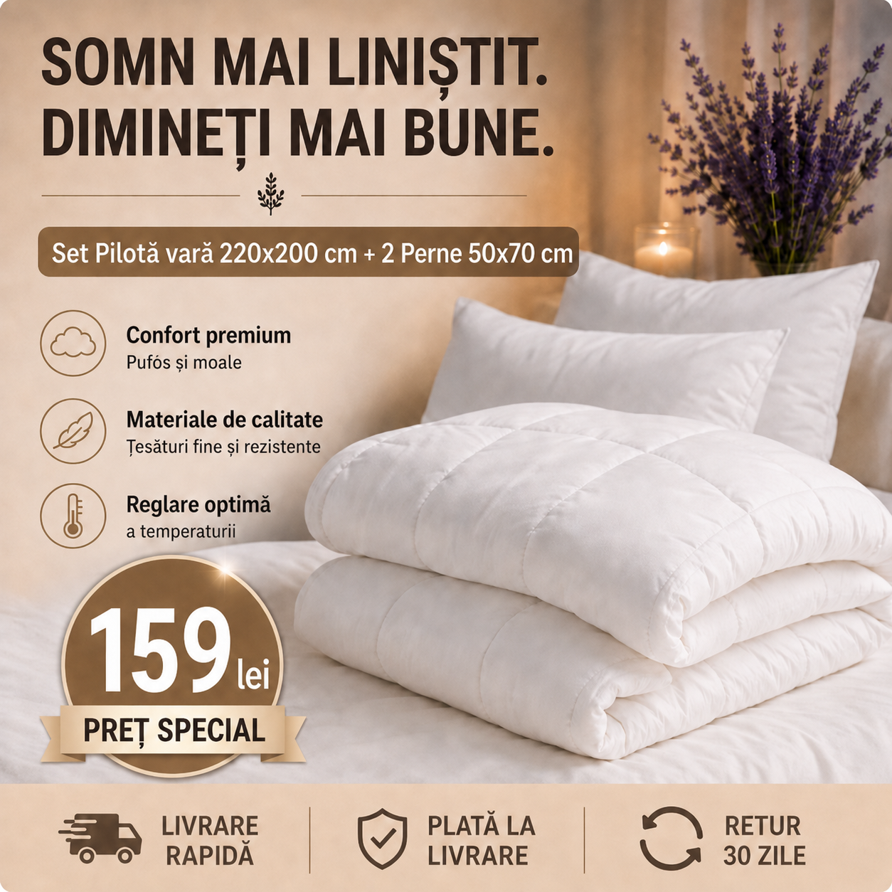 Set Pilotă matlasată albă 220x200 cm + 2 Perne 50x70 cm