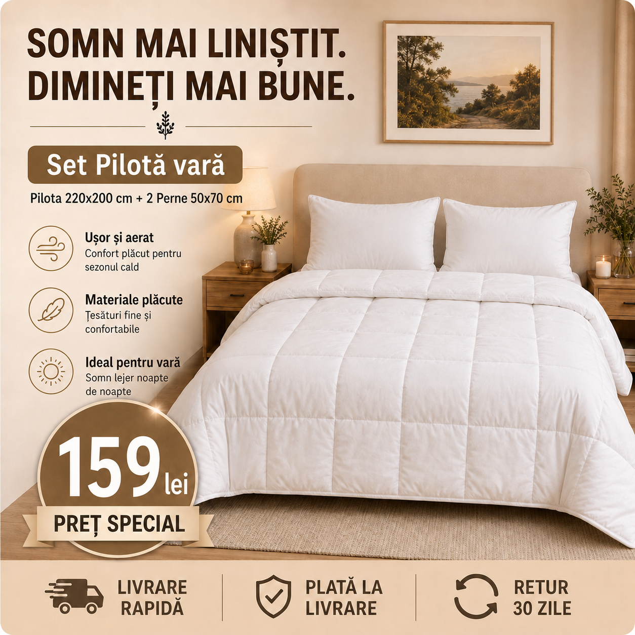 Set Pilotă matlasată albă 220x200 cm + 2 Perne 50x70 cm