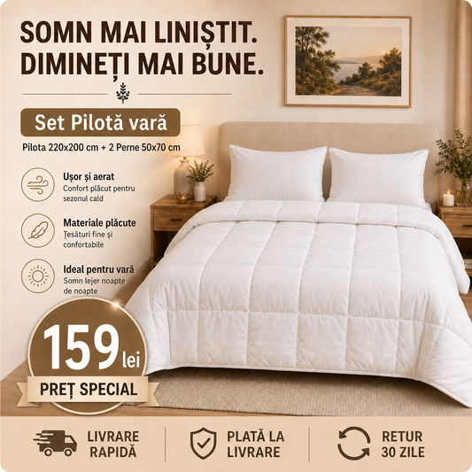 Set Pilotă matlasată albă 220x200 cm + 2 Perne 50x70 cm