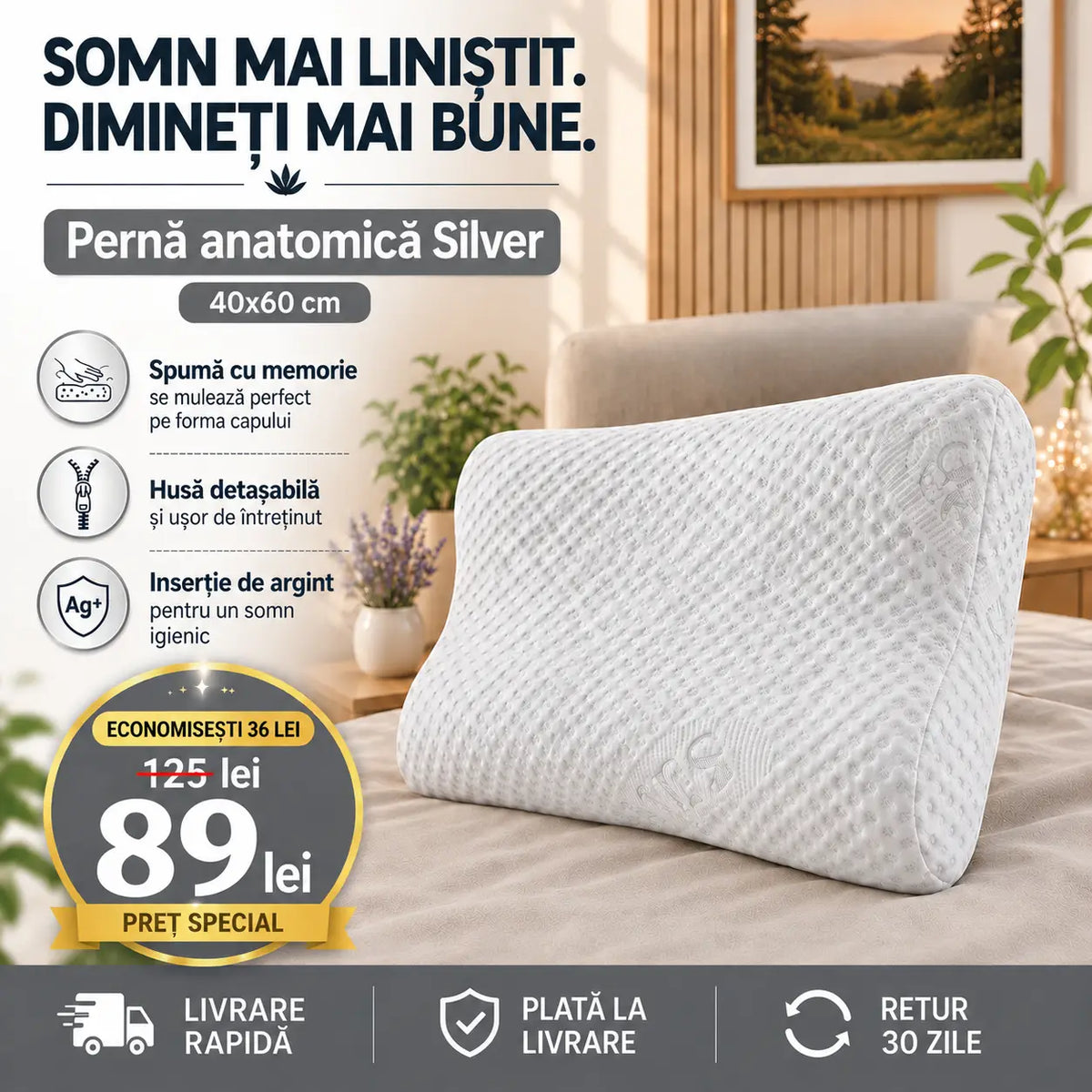 Pernă anatomică Silver cu spumă memory și husă detașabilă, 40 x 60 cm
