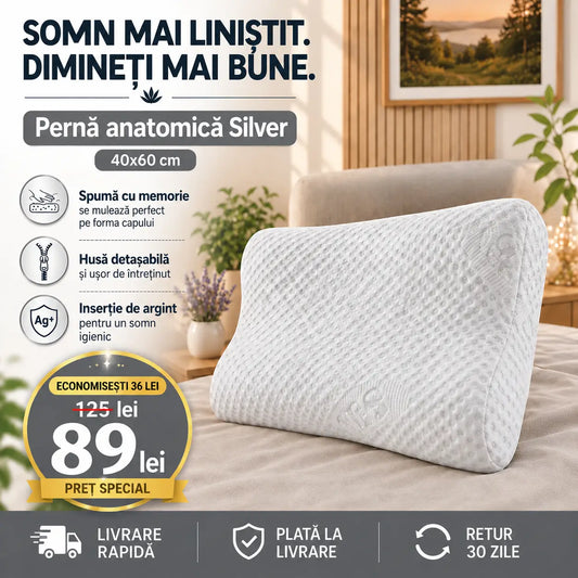 Pernă anatomică Silver cu spumă memory și husă detașabilă, 40 x 60 cm