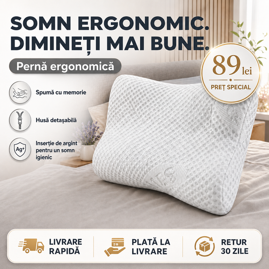 Pernă ergonomică Silver cu spumă memory și husă detașabilă, 40 x 60 cm
