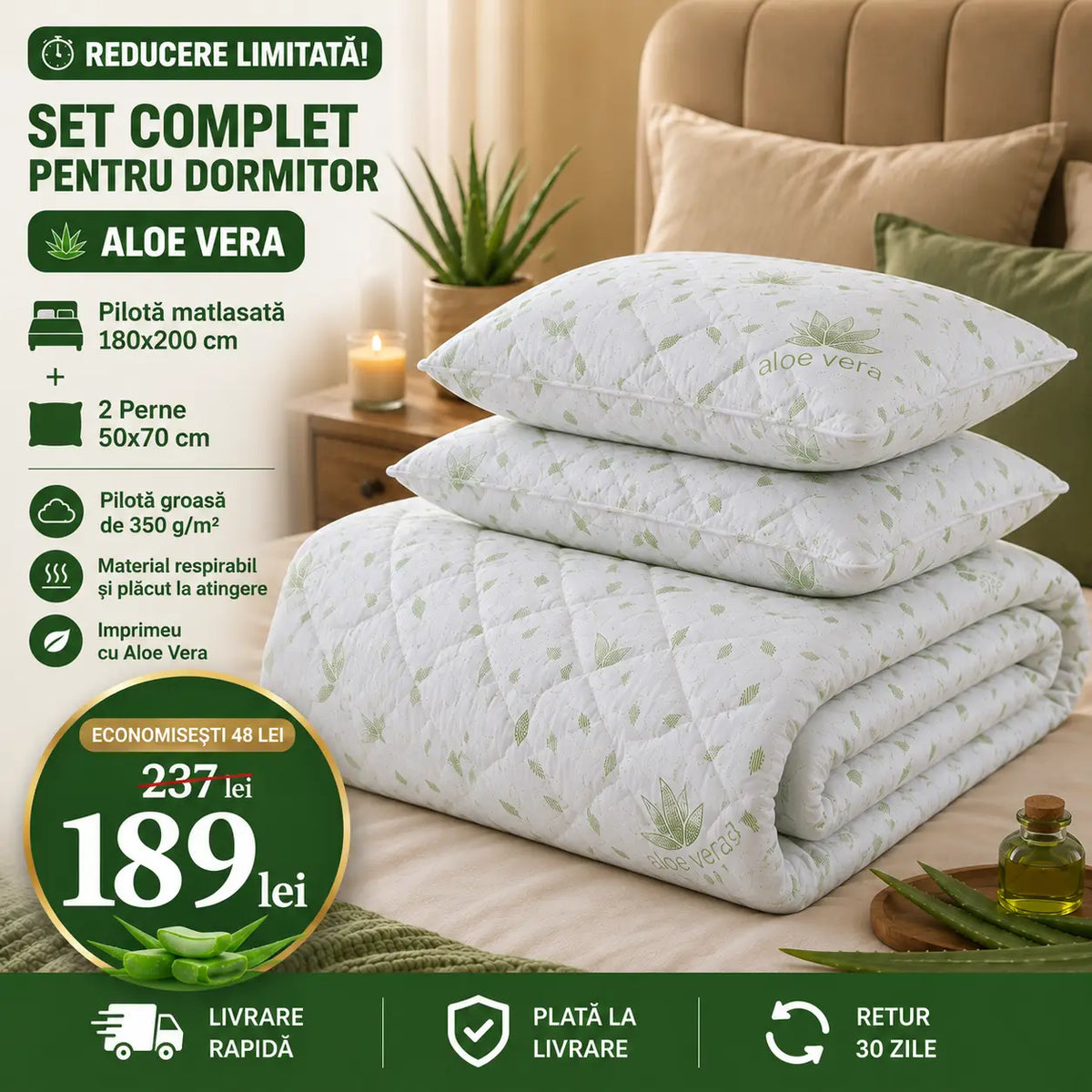Set Pilotă Aloe Vera 180x200 cm + 2 Perne 50x70 cm