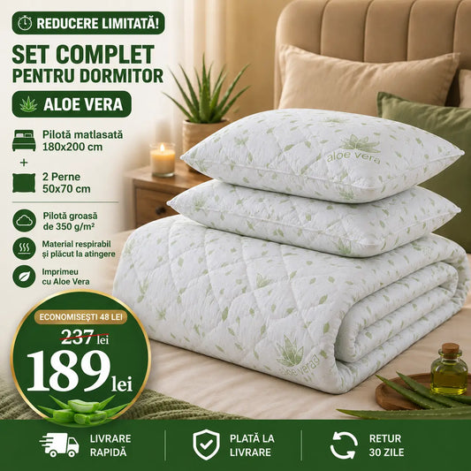 Set Pilotă Aloe Vera 180x200 cm + 2 Perne 50x70 cm